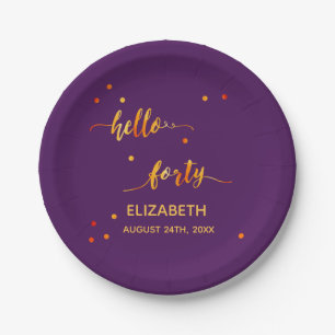 40th birthday purple gold hello 40 name script paper plate