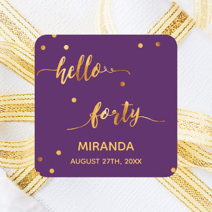 40th birthday purple gold hello 40 name script square sticker