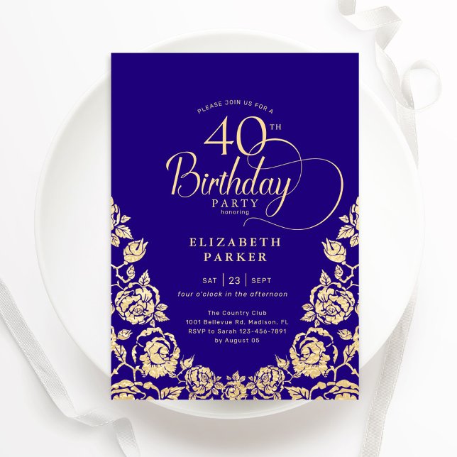 40th Birthday Purple Gold Roses Invitation (Creator Uploaded)