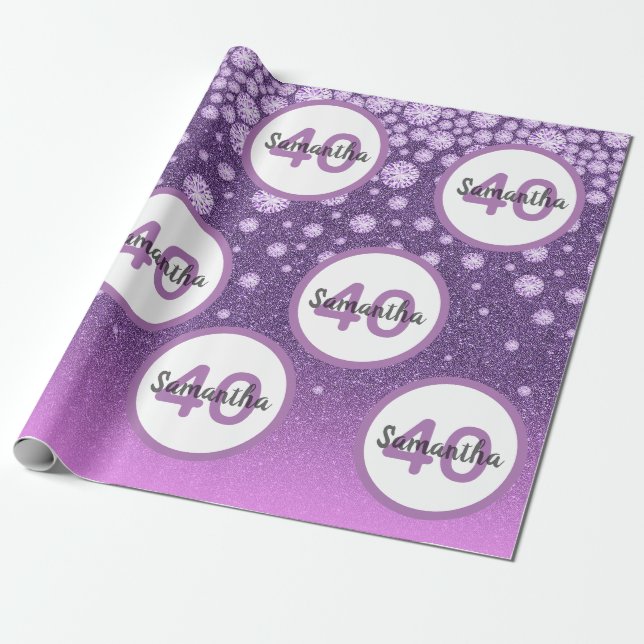 40th birthday purple pink glitter diamonds name wrapping paper (Unrolled)