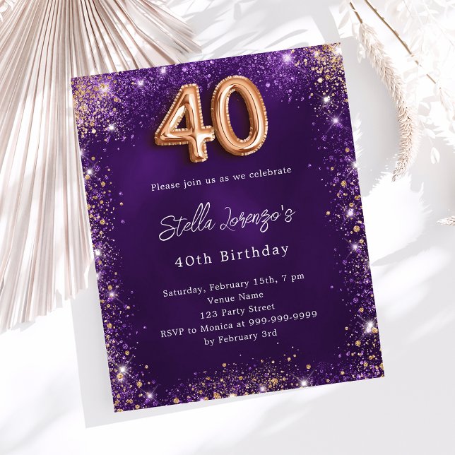 40th Birthday purple rose gold invitation (Creator Uploaded)
