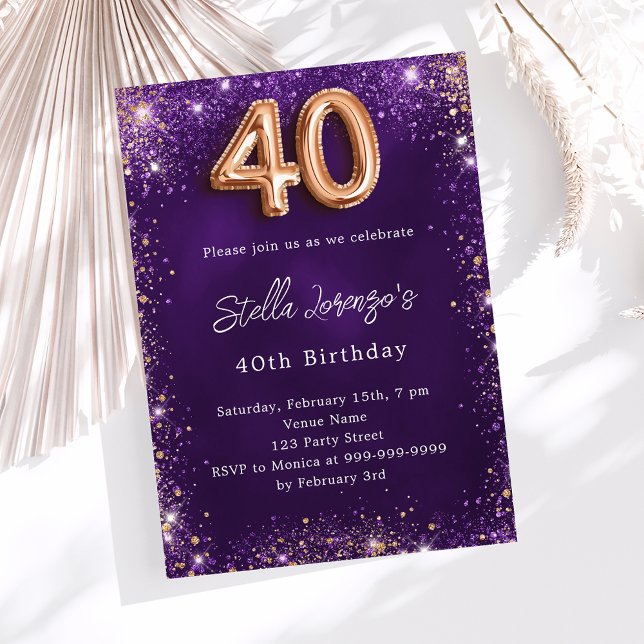 40th Birthday purple rose gold sparkles Invitation (Creator Uploaded)