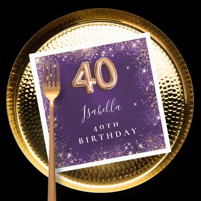 40th birthday purple rose gold sparkles name napkin (Creator Uploaded)