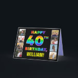 40th Birthday: Rainbow Text, Custom Photos & Name Card<br><div class="desc">The front of this joyful and upbeat birthday themed greeting card design features the message “HAPPY 40TH BIRTHDAY, “ with the text having a multicolored rainbow spectrum inspired gradient pattern, along with a personalised recipient name. To the left and the right of the rainbow-patterned message on the front are some...</div>
