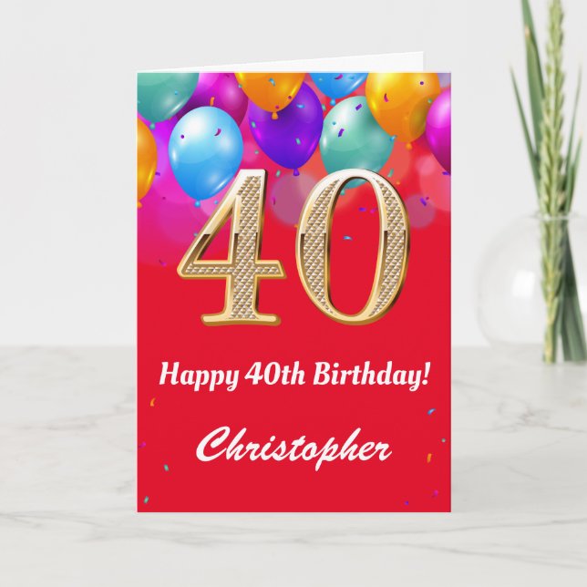 40th Birthday Red and Gold Colourful Balloons Card (Front)