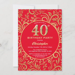 40th Birthday Red and Gold Floral Pattern Invitation