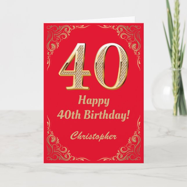 40th Birthday Red and Gold Glitter Frame Card (Front)