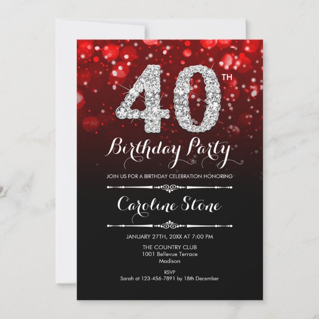 40th Birthday - Red Black Silver Invitation (Front)