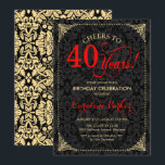 40th Birthday - Red Gold Black Damask Invitation<br><div class="desc">40th Birthday Invitation.
Elegant vintage red,  black and faux gold design with damask pattern. Features script font. Cheers to 40 years! Can be personalised into any age! Message me if you need further customisation.</div>