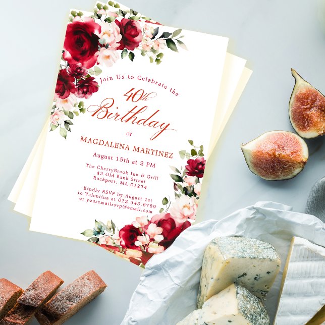40th Birthday Red Rose Pink Peony Floral Invitation (Creator Uploaded)