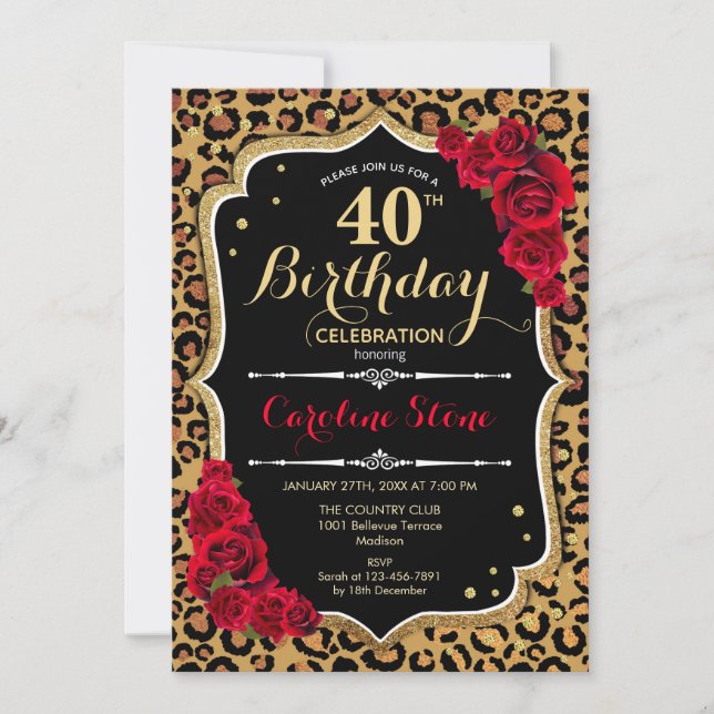 40th Birthday - Red Roses Leopard Print Invitation (Front)