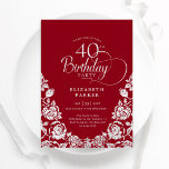 40th Birthday Red Silver Roses Invitation<br><div class="desc">Red silver elegant 40th birthday party invitation. Classy design featuring roses,  faux silver foil and typography script font. Trendy invite card perfect for a stylish female bday celebration. Personalise with your own details. Can be customised to any age. Printed Zazzle invitations or instant download digital printable template.</div>