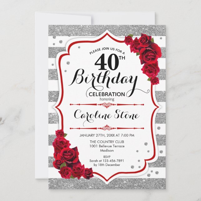 40th Birthday -  Red Silver White Stripes Roses Invitation (Front)
