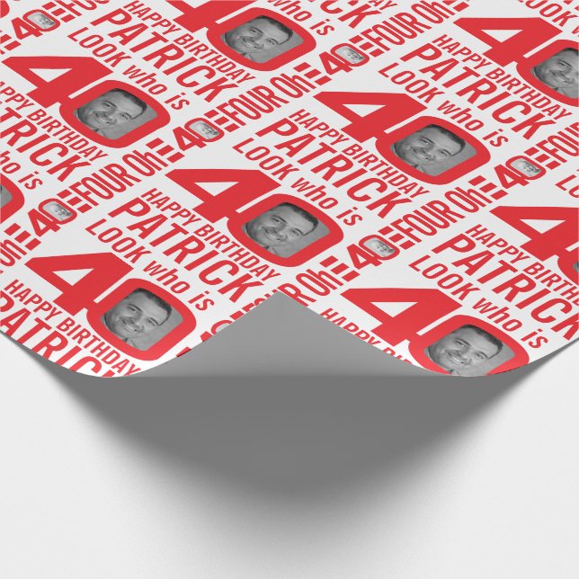 40th birthday red white look 40 custom photo name wrapping paper (Corner)