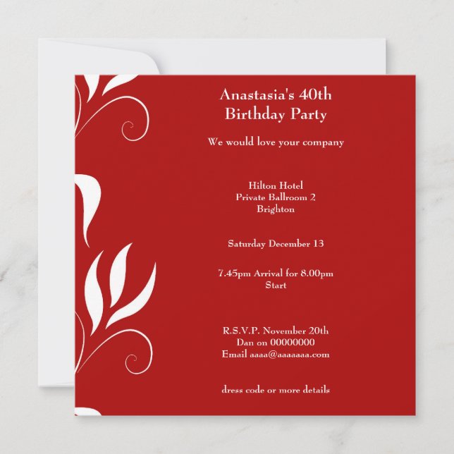 40th Birthday Red with White Floral Invitation (Front)
