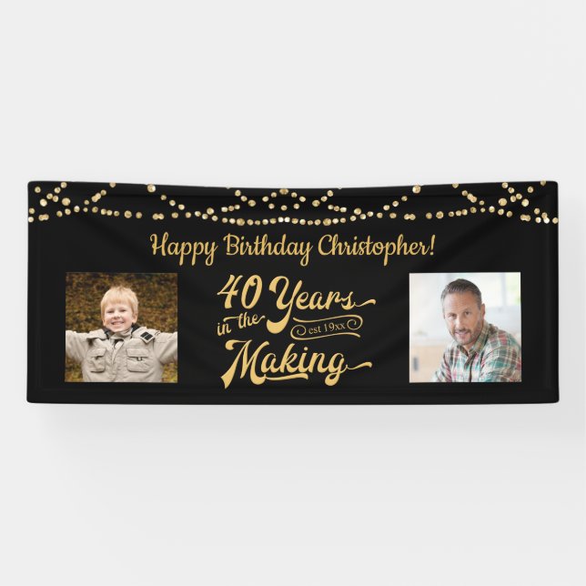 40th Birthday Retro Black Gold String Lights Photo Banner (Horizontal)