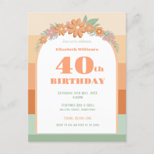 40th Birthday retro florals invitation  Postcard