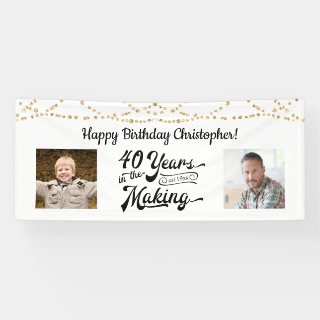 40th Birthday Retro Gold String Lights 2 Photo Banner (Horizontal)