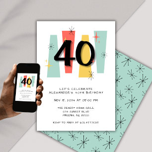 40th Birthday Retro Midcentury Modern Colourful Invitation