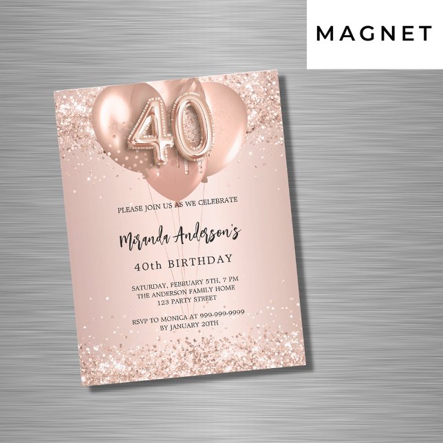 40th birthday rose gold balloons luxury magnetic invitation (Creator Uploaded)