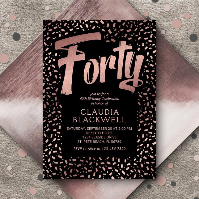 40th Birthday Rose Gold Confetti Invitation (Creator Uploaded)