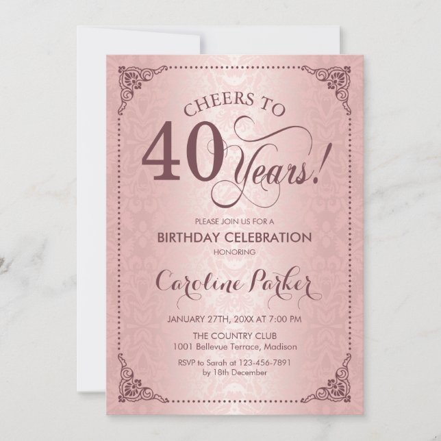 40th Birthday - Rose Gold Damask Invitation (Front)