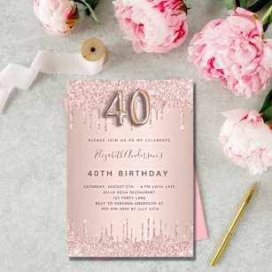 40th Birthday rose gold drips blush Invitation