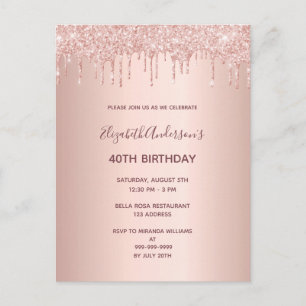 40th birthday rose gold glitter drip invitation postcard