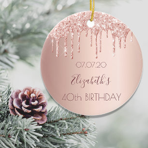 40th birthday rose gold glitter drips pink 40 ceramic tree decoration