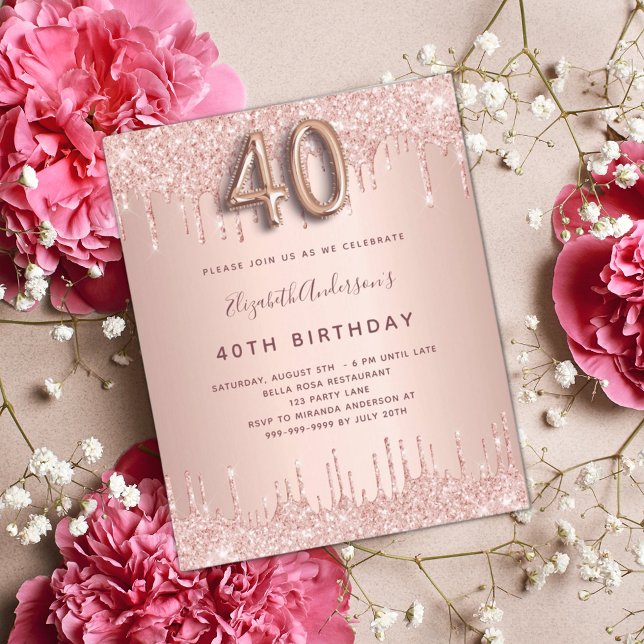 40th Birthday rose gold glitter invitation (Creator Uploaded)