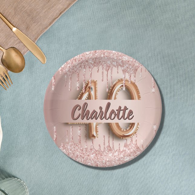 40th birthday rose gold glitter monogram luxury paper plate (Creator Uploaded)