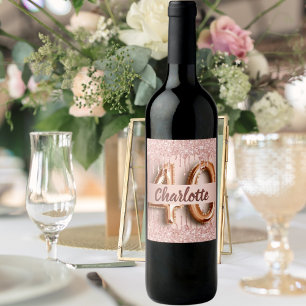 40th birthday rose gold glitter monogram luxury wine label