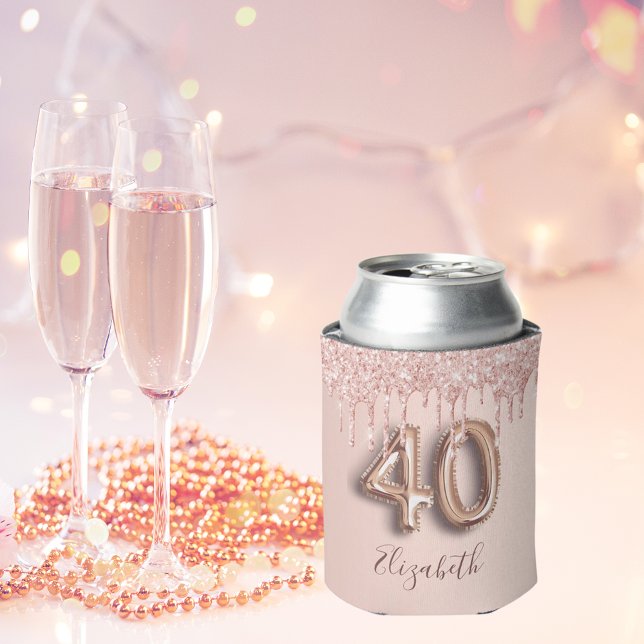 40th birthday rose gold glitter pink balloon style can cooler (Creator Uploaded)