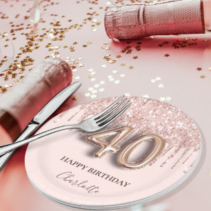 40th birthday rose gold glitter pink balloon style paper plate