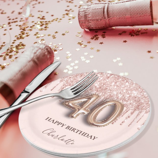 40th birthday rose gold glitter pink balloon style paper plate (Creator Uploaded)