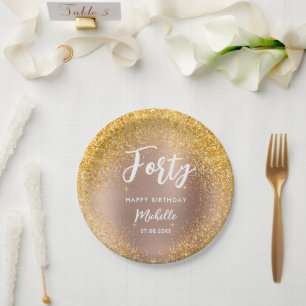 40th Birthday Rose Gold Glitter Sparkle Name Paper Plate