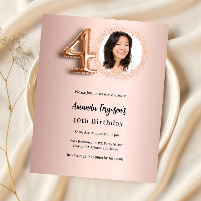 40th Birthday rose gold photo invitation (Creator Uploaded)