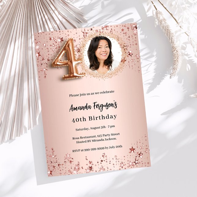 40th Birthday rose gold photo stars luxury Invitation (Creator Uploaded)