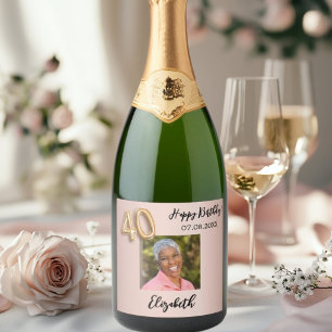 40th Birthday rose gold pink photo Sparkling Wine Label