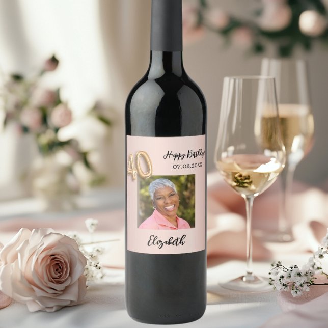 40th Birthday rose gold pink photo Wine Label (Creator Uploaded)