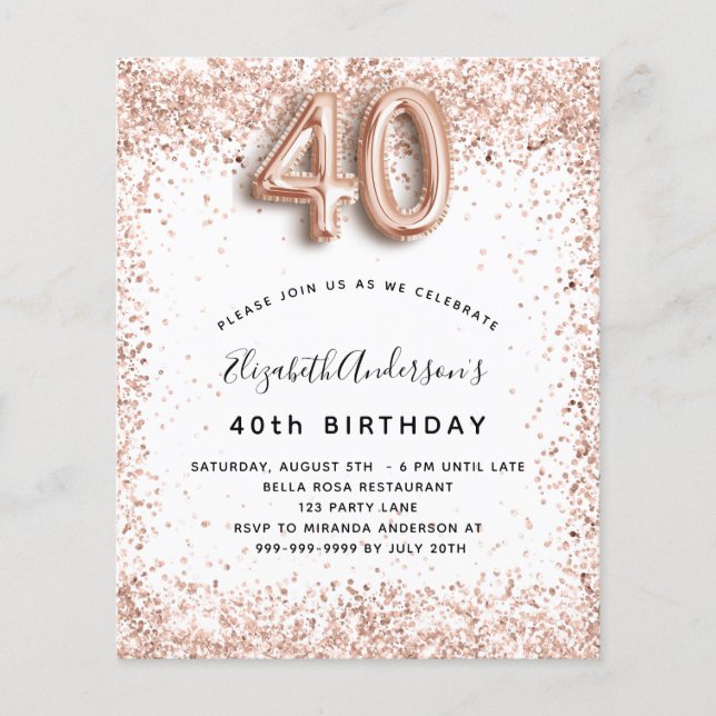40th birthday rose gold white budget invitation flyer (Front)
