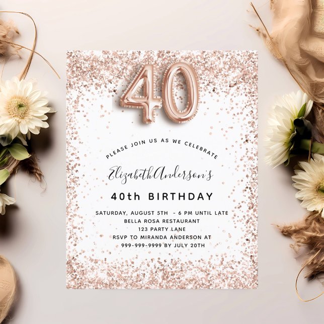 40th birthday rose gold white invitation (Creator Uploaded)