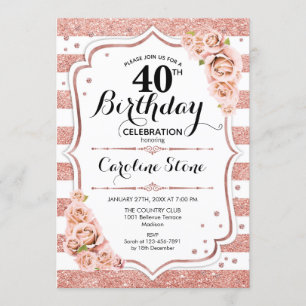 40th Birthday - Rose Gold White Stripes Invitation