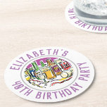 40th Birthday Round Paper Coaster<br><div class="desc">To celebrate a special birthday. Designed for someone who is 40 years of age. 40th birthday celebration. Birthday party drinks illustration is the centrepiece. Add the name and age. Birthday party paper coasters.</div>