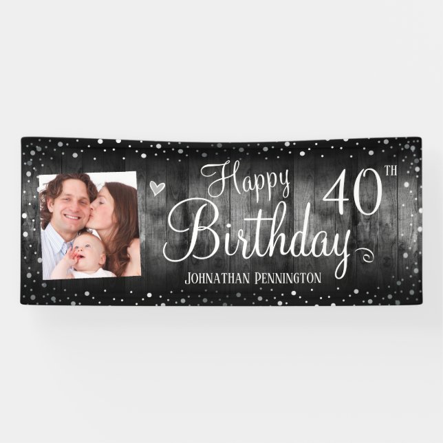 40th Birthday Rustic Wood Photo Silver Confetti Banner (Horizontal)