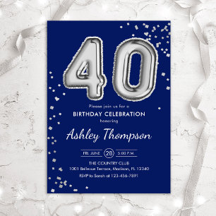 40th Birthday - Silver Balloons Navy Invitation
