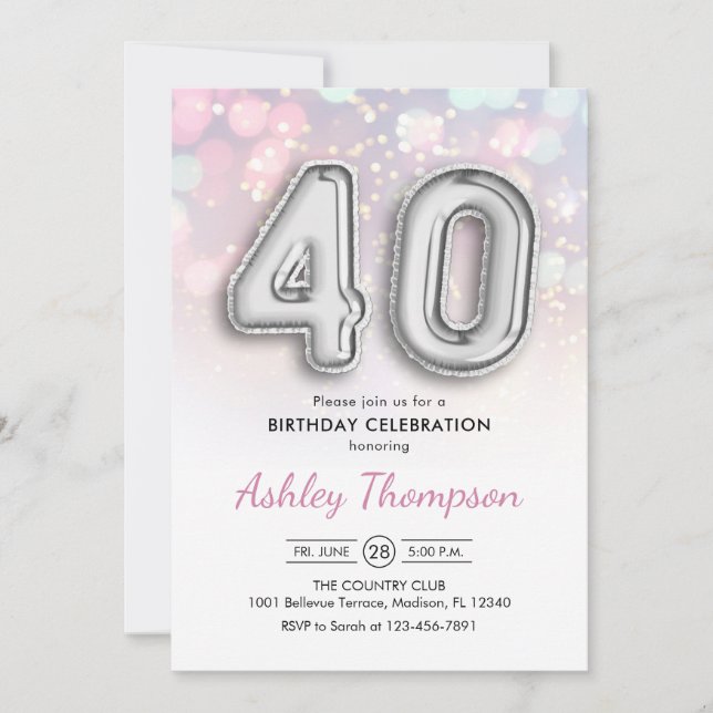40th Birthday - Silver Balloons Pink Lights Invitation (Front)