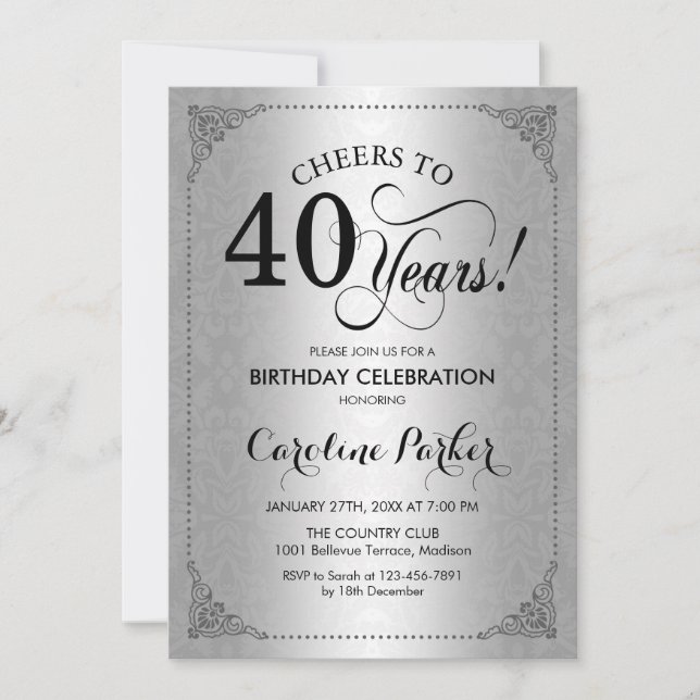 40th Birthday - Silver Damask Invitation (Front)