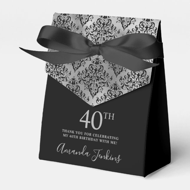 40th Birthday Silver Damask Thank You Favour Box (Front Side)