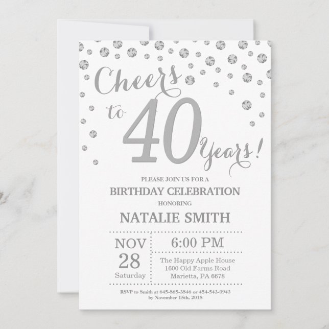 40th Birthday Silver Glitter Diamond Invitation (Front)